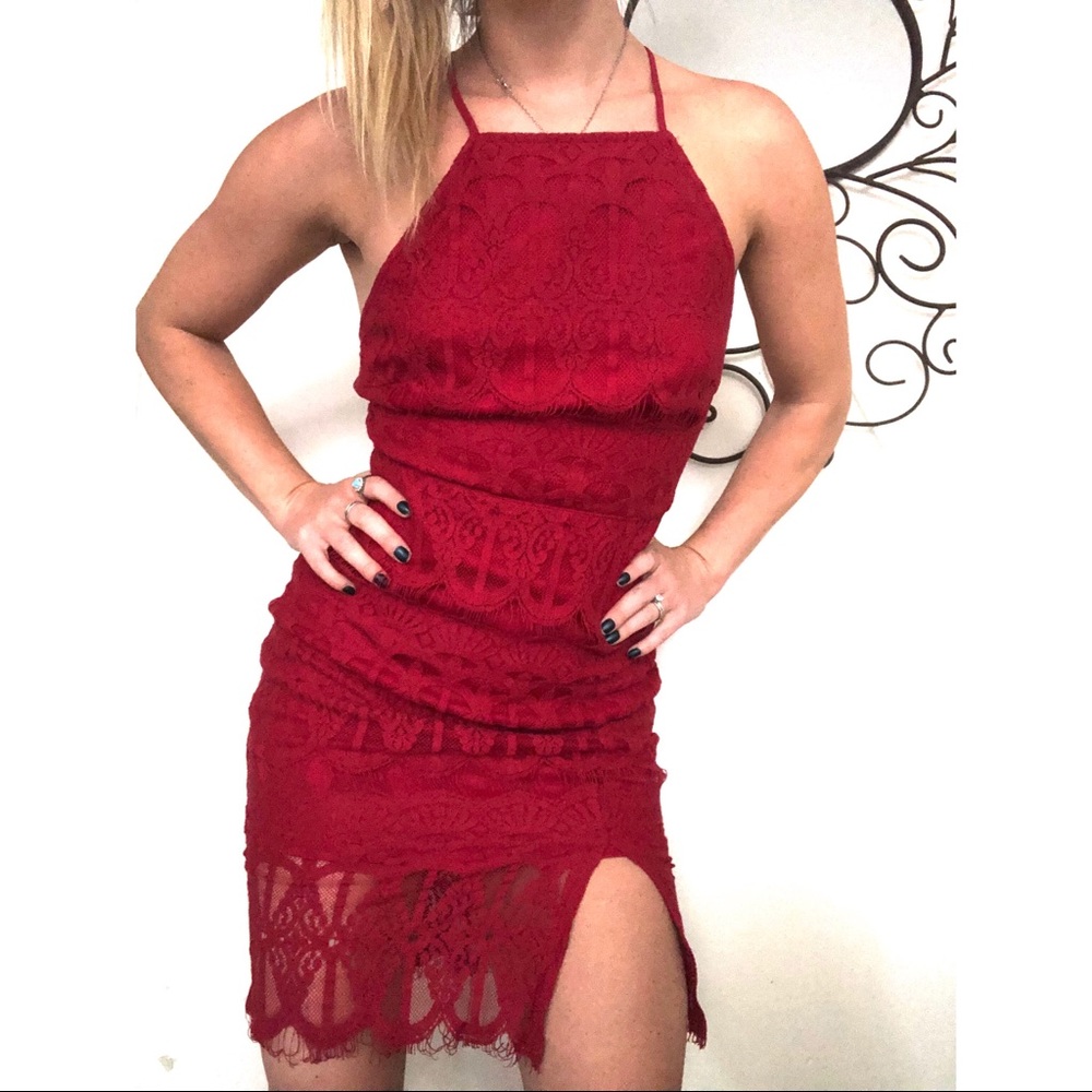 COPY - Forever 21 Red Lace Dress w. slit and X ba…